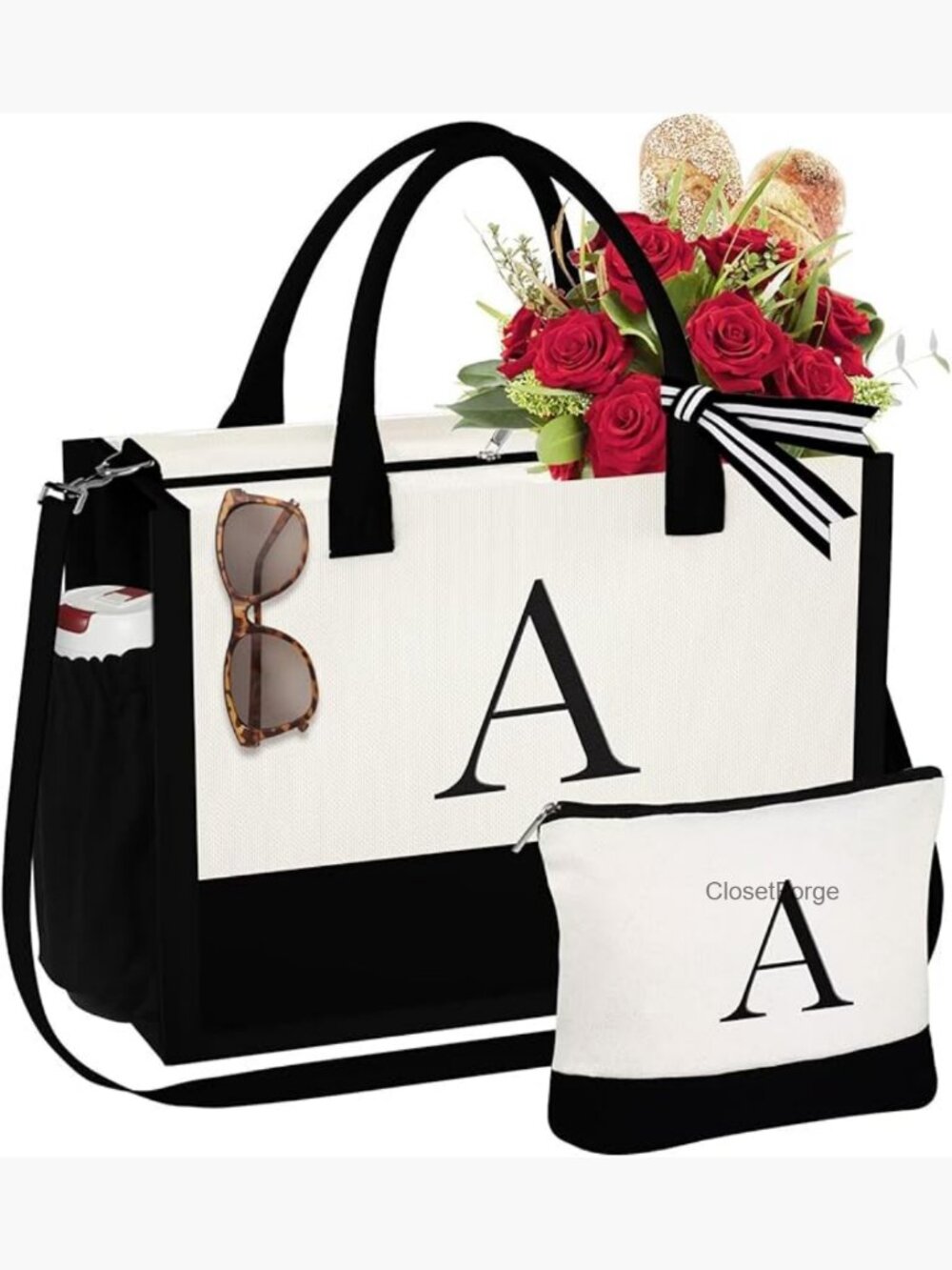Initial Canvas Tote Bag & Makeup Set Large Monogrammed Beach Shoulder Tote
